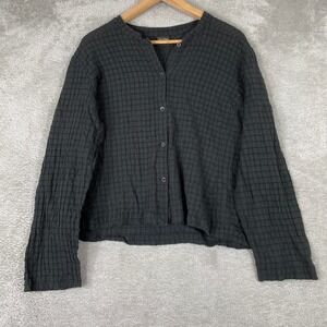 Eileen Fisher Button Down Shirt Womens Large Black Puckered Grid Minimalist